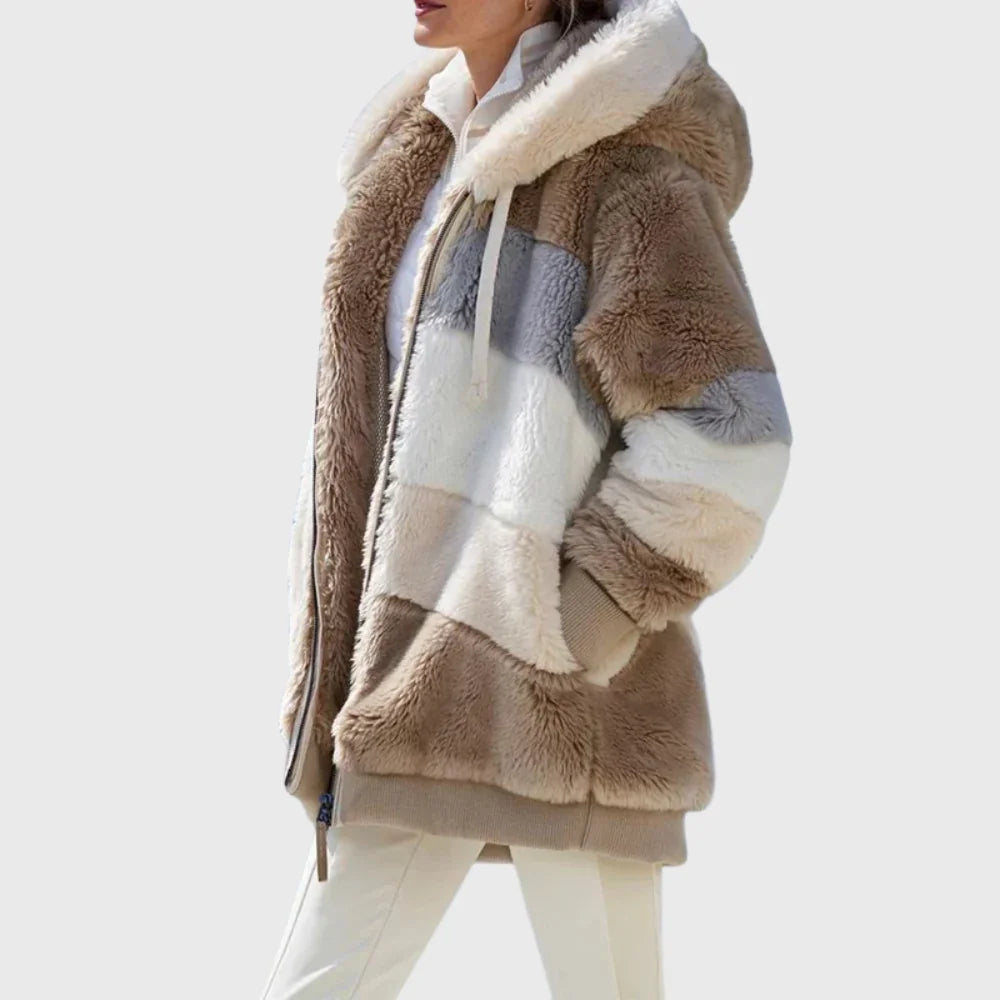 Colorblock Fuzzy Hooded Zip Jacket in Brown Stripes