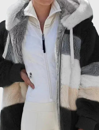 Colorblock Fuzzy Hooded Zip Jacket in Black Stripes