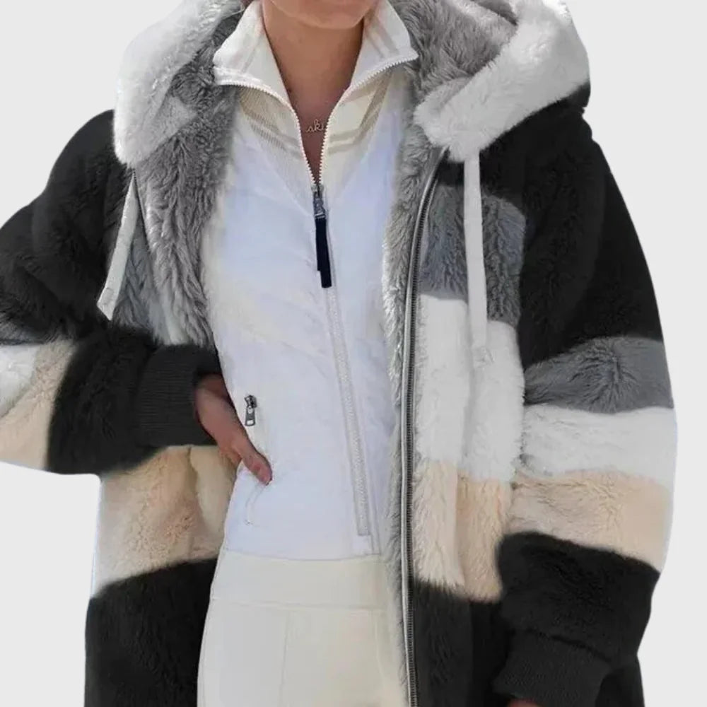 Colorblock Fuzzy Hooded Zip Jacket in Black Stripes