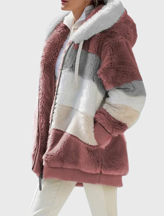 Colorblock Fuzzy Hooded Zip Jacket in Red Stripes