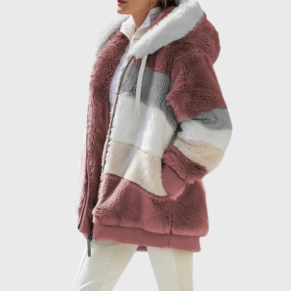Colorblock Fuzzy Hooded Zip Jacket in Red Stripes