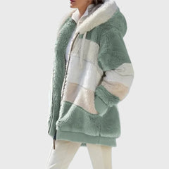 Colorblock Fuzzy Hooded Zip Jacket in Green Stripes