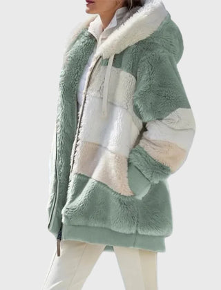 Colorblock Fuzzy Hooded Zip Jacket in Green Stripes