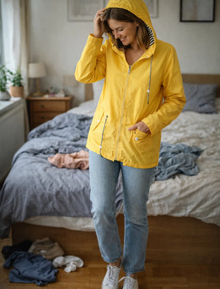 Solange hooded rain jacket in Yellow, worn