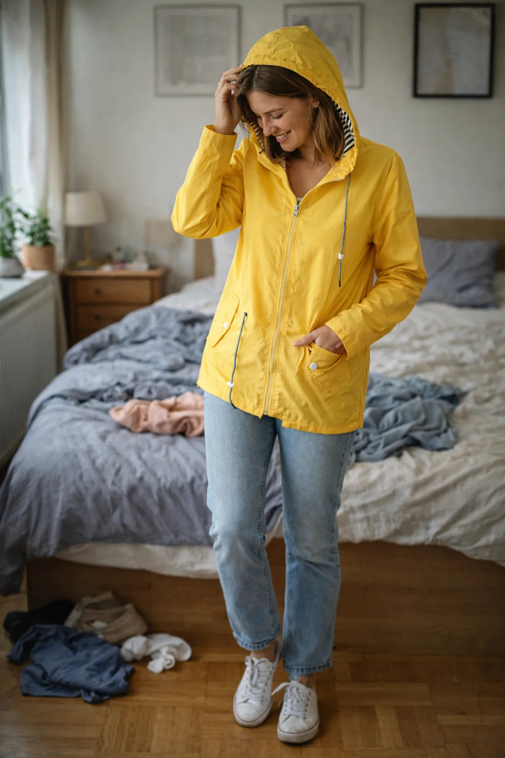 Solange hooded rain jacket in Yellow, worn
