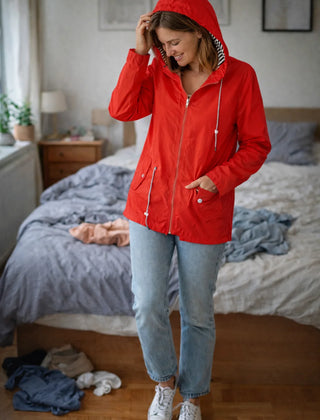 Solange hooded rain jacket in Red, worn