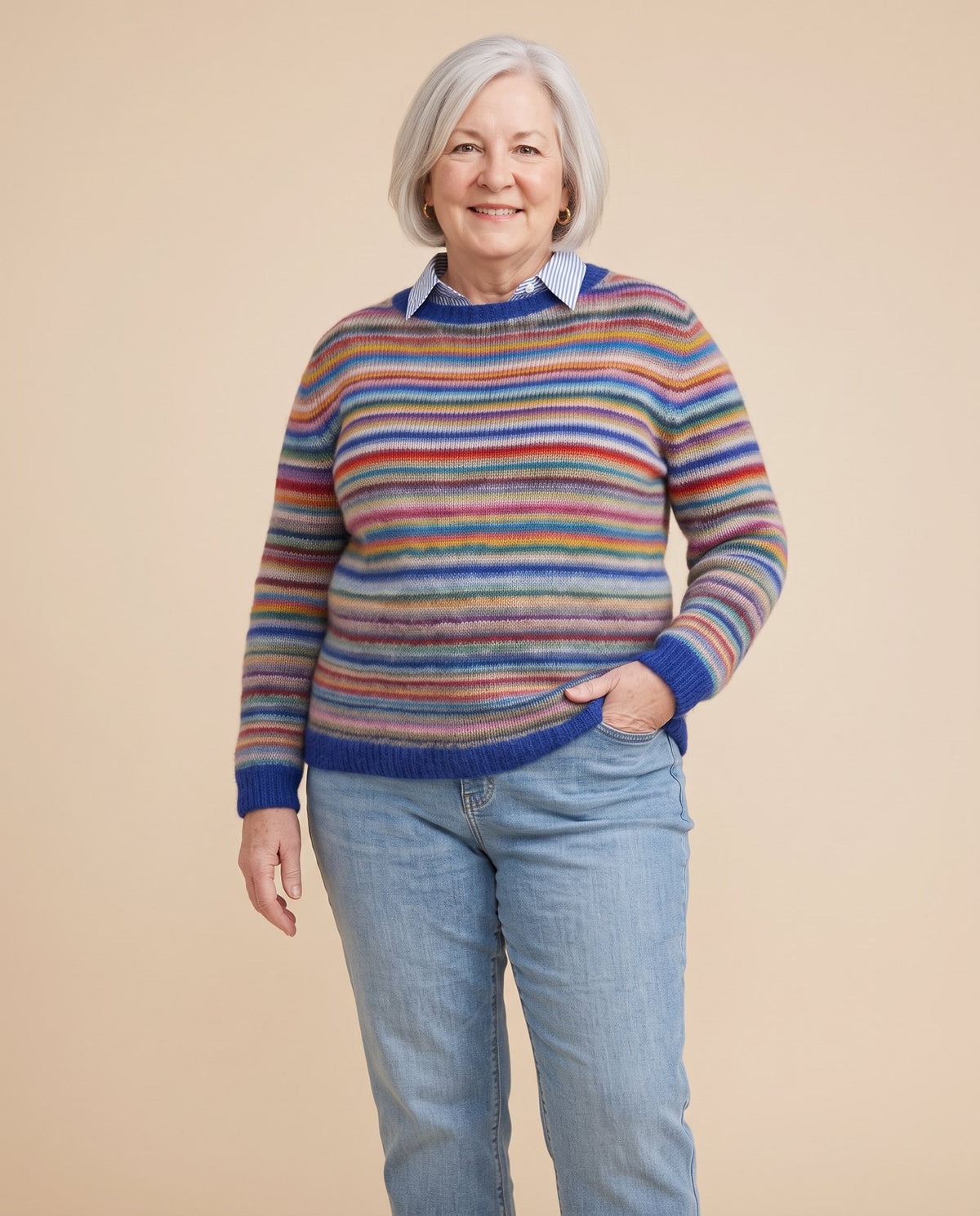 Sophie | Multicolor Striped Sweater worn by a woman with curves