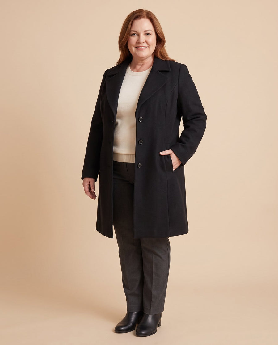 Suitsy | Tailored Long Coat worn by a woman with curves