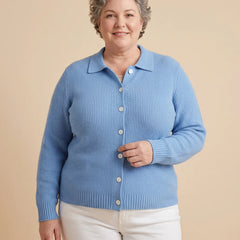 Collared Button-Front Cardigan worn by a woman with curves