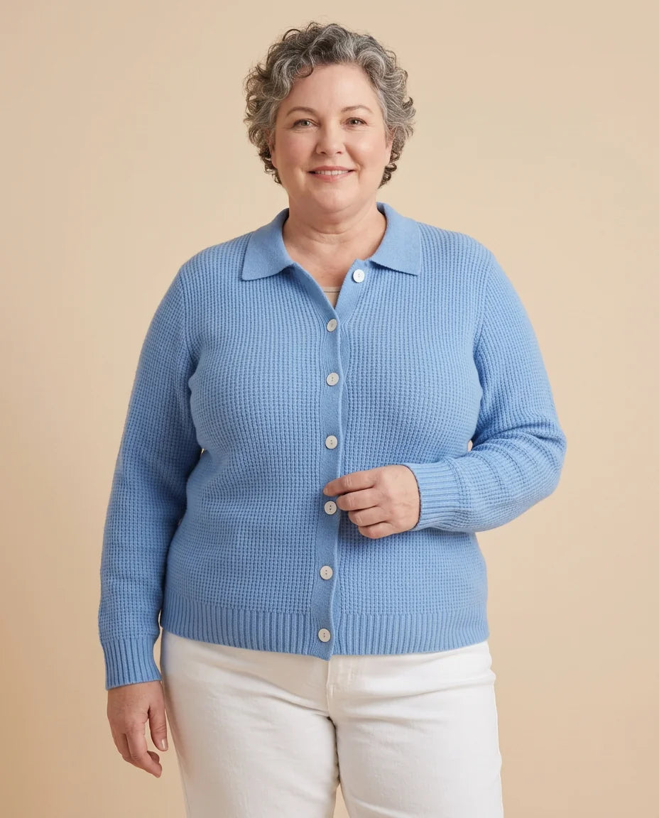 Collared Button-Front Cardigan worn by a woman with curves