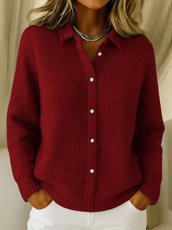 Collared Button-Front Cardigan in Burgundy