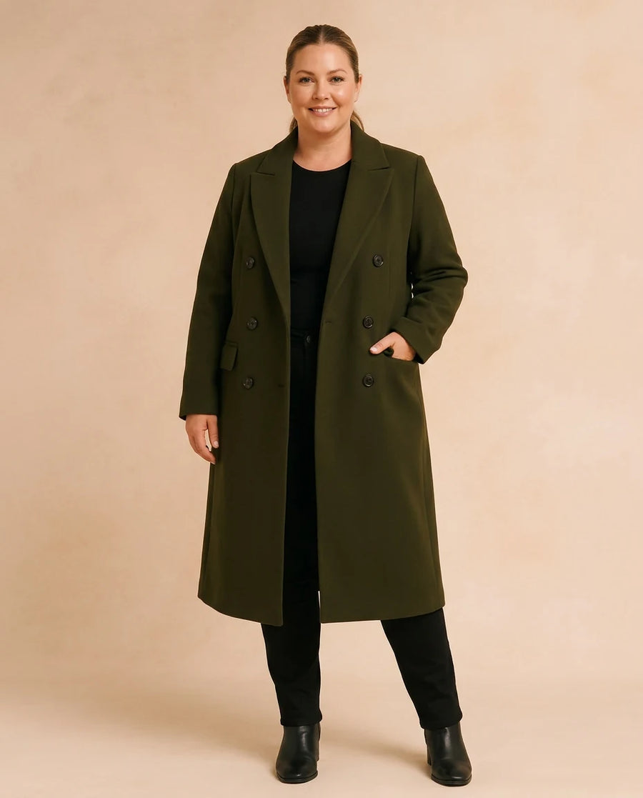 Tailored Double-Breasted Longline Blazer Coat for Women worn by a woman with curves
