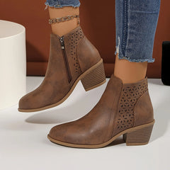Cutout Block Heel Ankle Boots in Brown