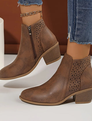 Cutout Block Heel Ankle Boots in Brown