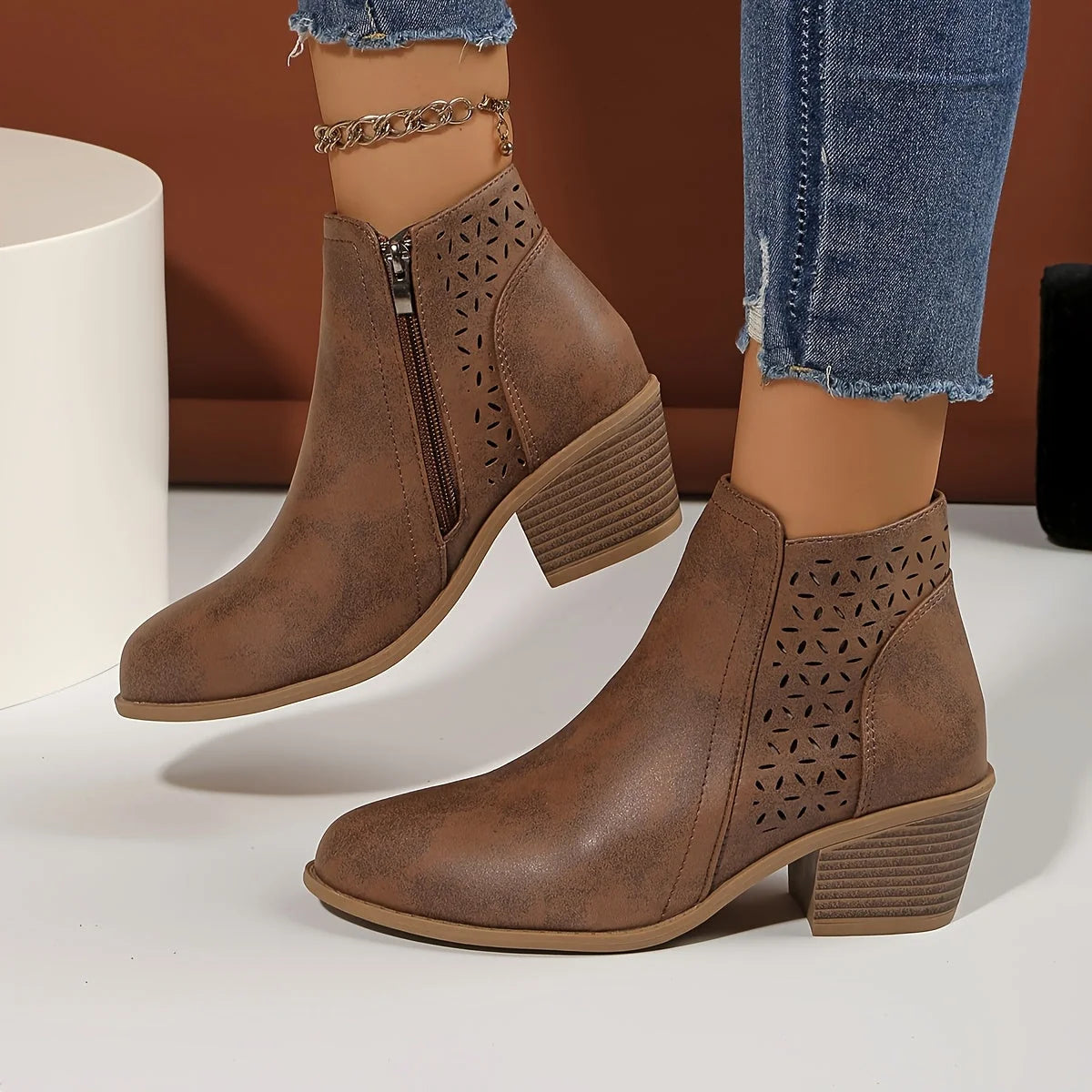Cutout Block Heel Ankle Boots in Brown