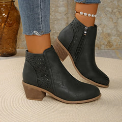 Cutout Block Heel Ankle Boots in Black