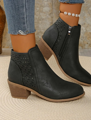 Cutout Block Heel Ankle Boots in Black