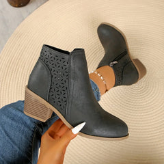 Cutout Block Heel Ankle Boots in Black