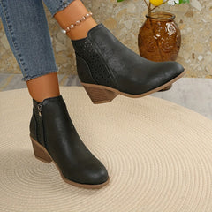 Cutout Block Heel Ankle Boots in Black
