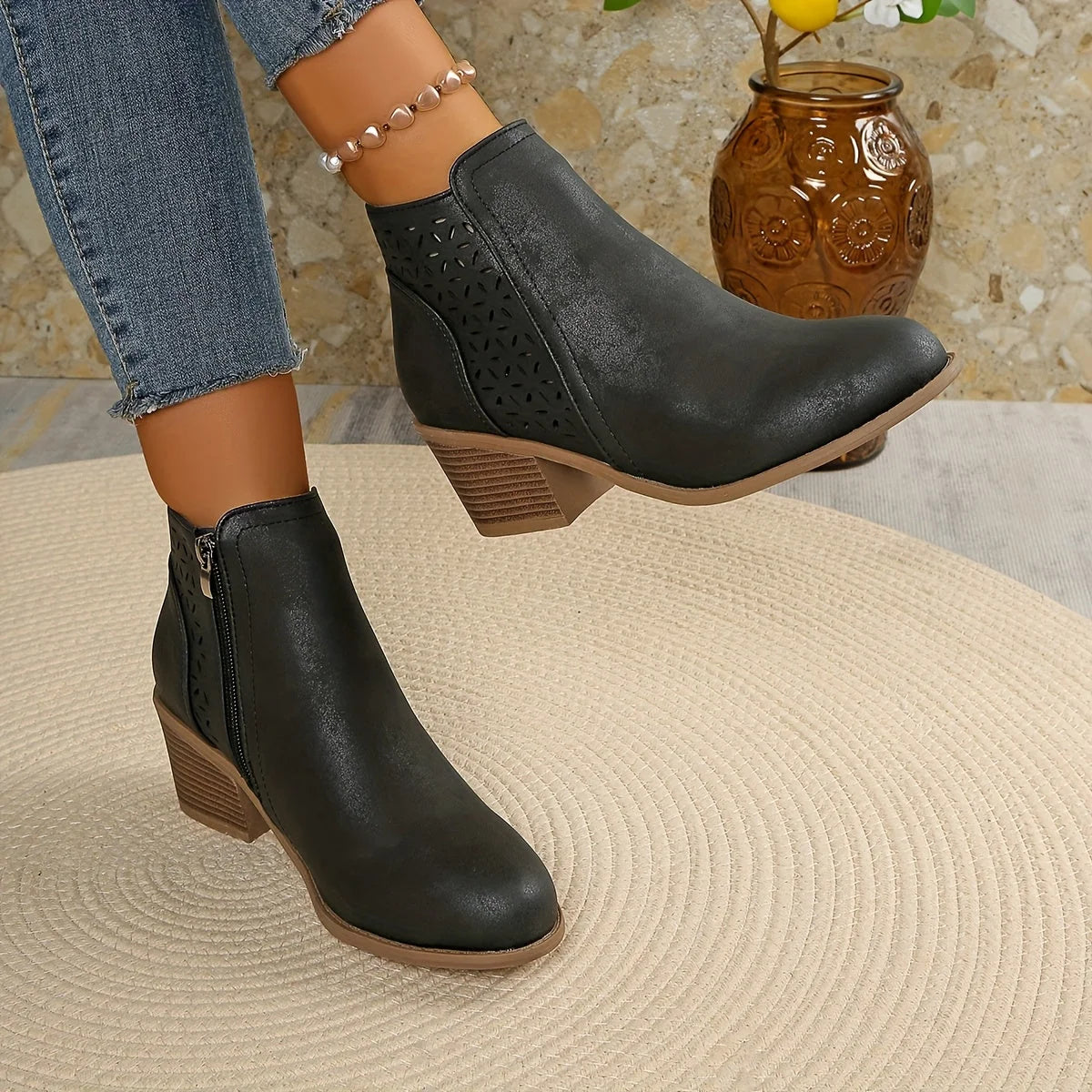 Cutout Block Heel Ankle Boots in Black