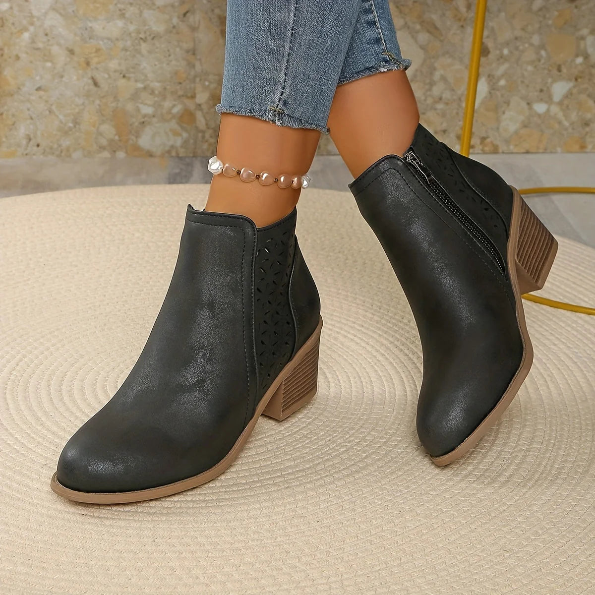 Cutout Block Heel Ankle Boots in Black