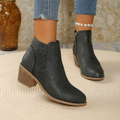 Cutout Block Heel Ankle Boots in Black