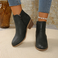 Cutout Block Heel Ankle Boots in Black