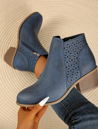 Cutout Block Heel Ankle Boots in Blue
