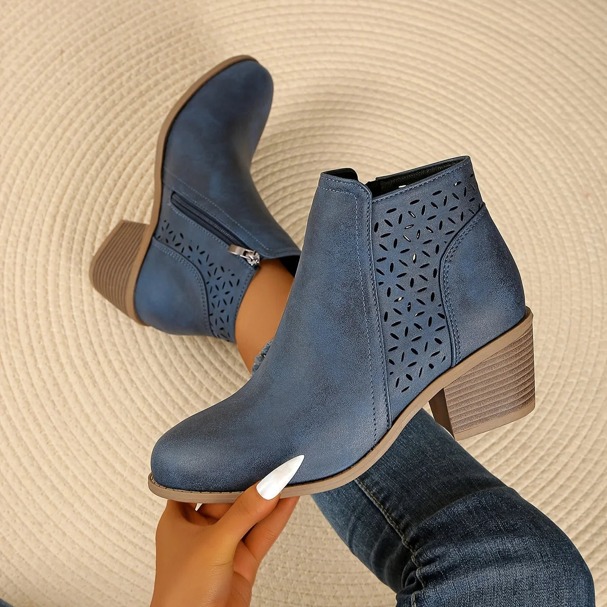 Cutout Block Heel Ankle Boots in Blue