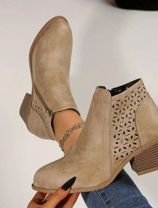Cutout Block Heel Ankle Boots in Beige