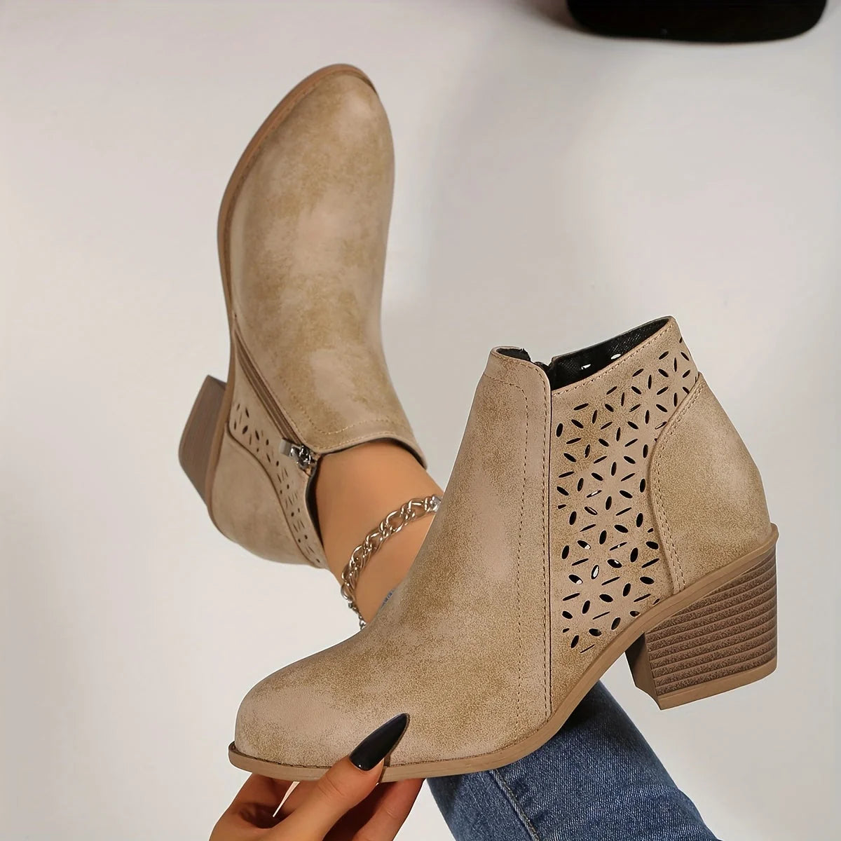 Cutout Block Heel Ankle Boots in Beige