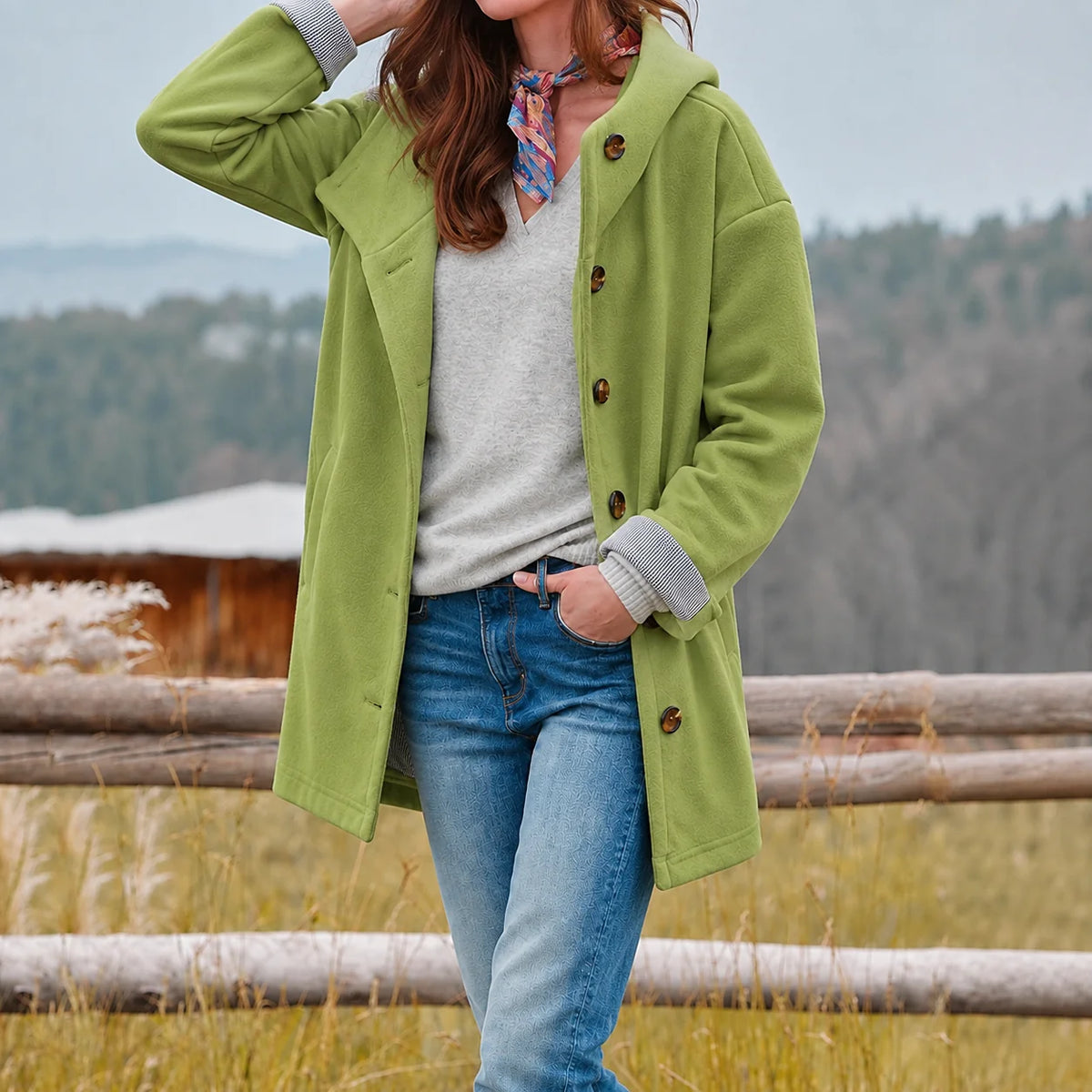 Valerie Hooded Slim-Fit Coat in Green