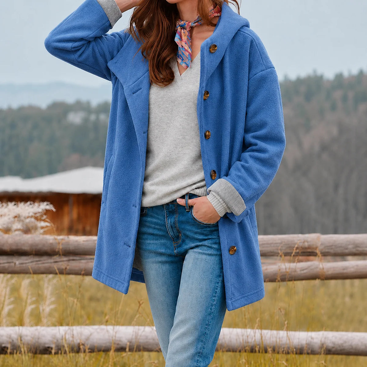 Valerie Hooded Slim-Fit Coat in Blue