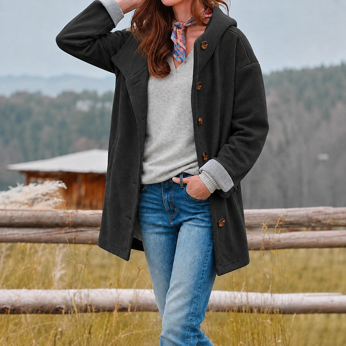 Valerie Hooded Slim-Fit Coat in Black