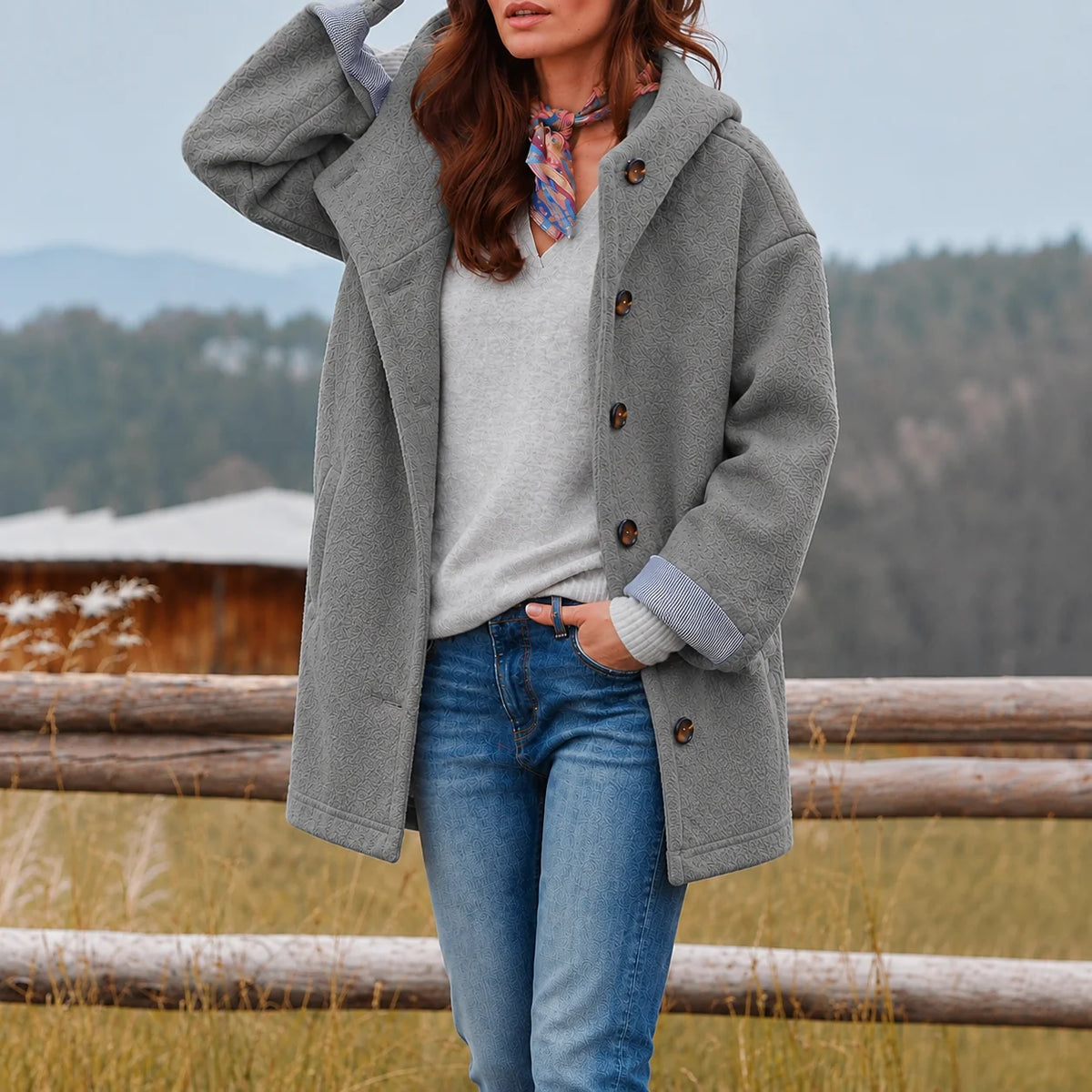 Valerie Hooded Slim-Fit Coat in Gray