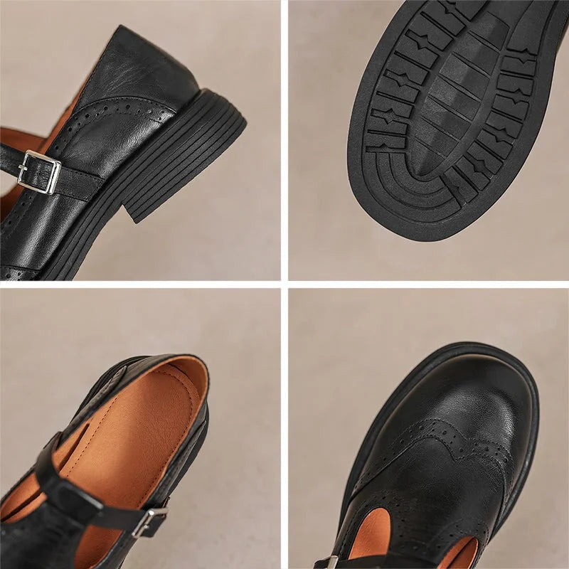 Verda T-strap shoes in black, close-ups of the buckle, sole and brogue detail