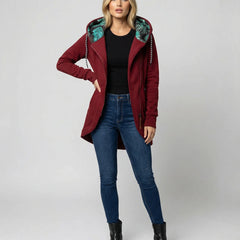 Vivienne hooded winter coat in Burgundy, worn