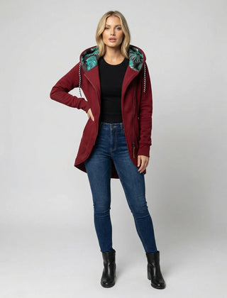 Vivienne hooded winter coat in Burgundy, worn