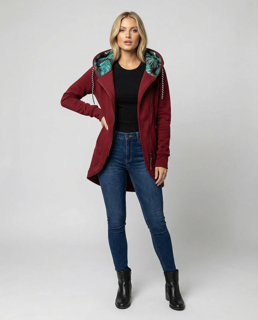 Vivienne hooded winter coat in Burgundy, worn
