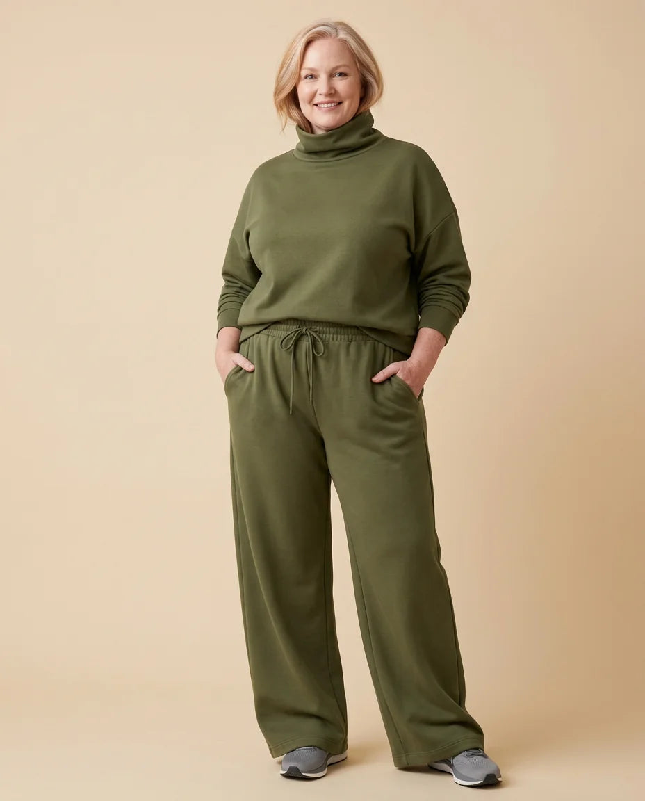 Turtleneck Top & Wide-Leg Pant Set worn by a woman with curves