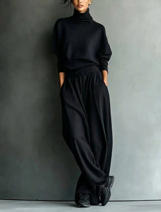 Turtleneck Top & Wide-Leg Pant Set in Black