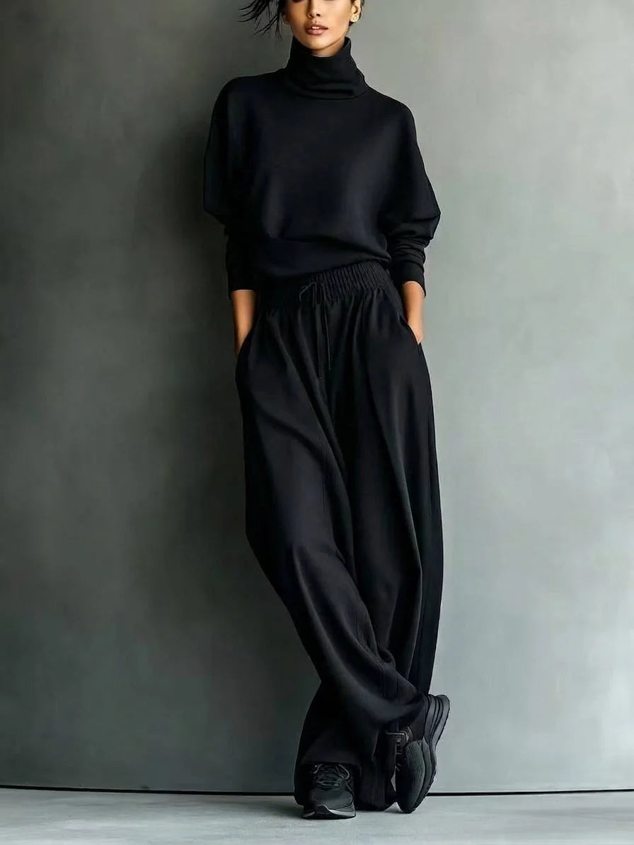 Turtleneck Top & Wide-Leg Pant Set in Black