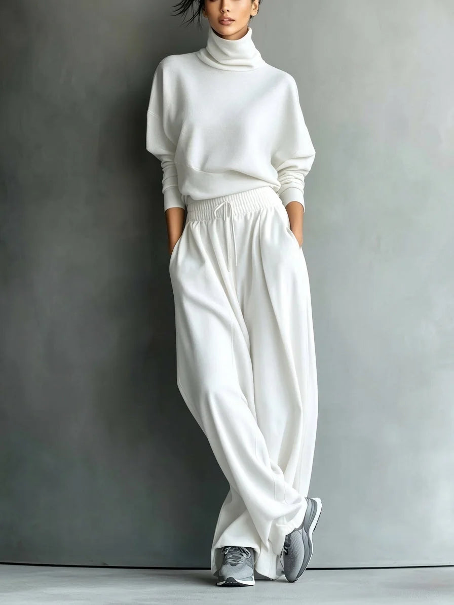 Turtleneck Top & Wide-Leg Pant Set in White