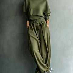 Turtleneck Top & Wide-Leg Pant Set in Olive Green
