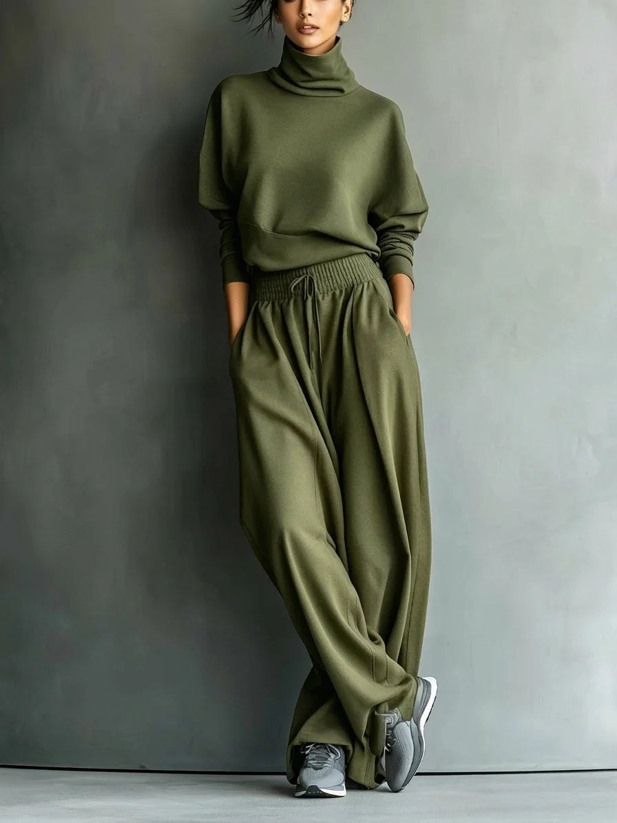Turtleneck Top & Wide-Leg Pant Set in Olive Green