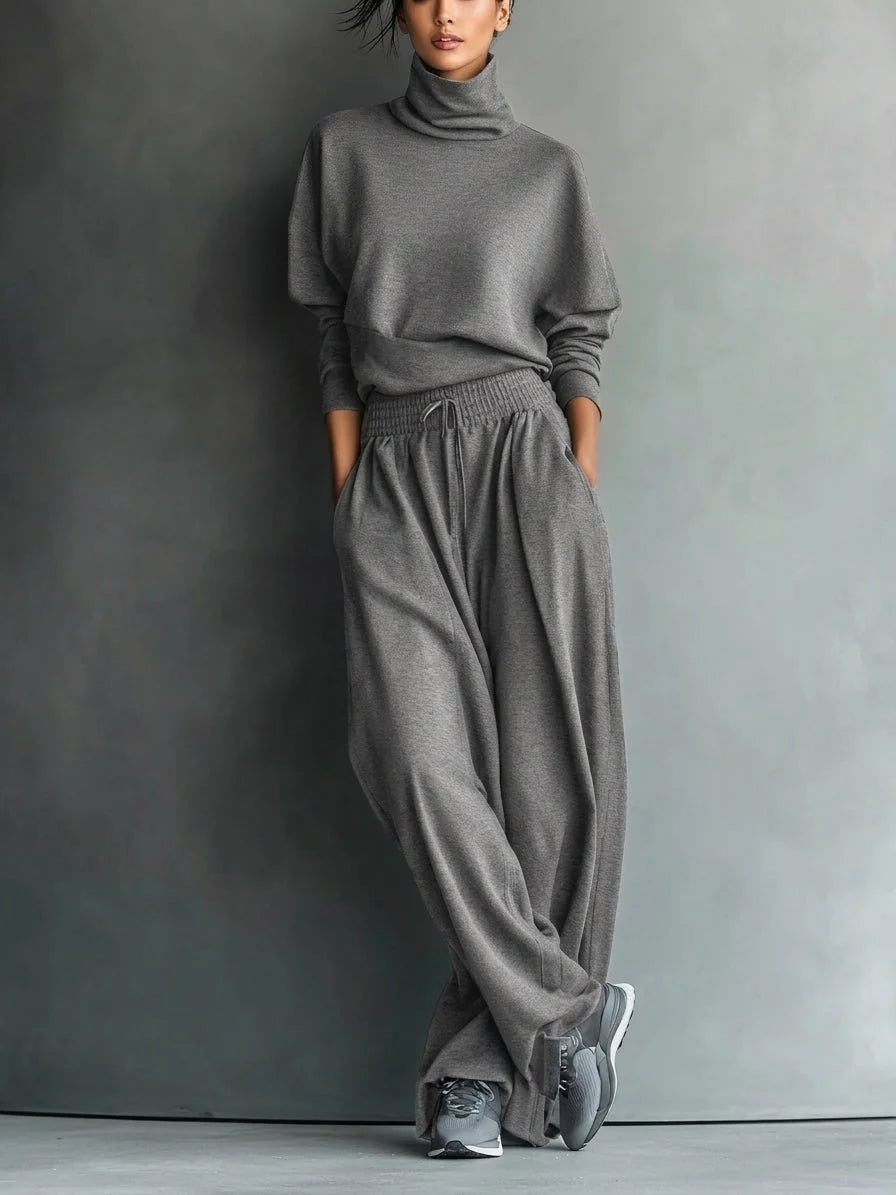 Turtleneck Top & Wide-Leg Pant Set in Charcoal