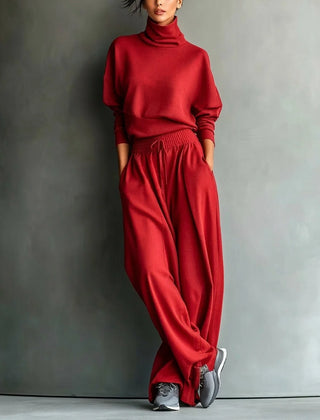 Turtleneck Top & Wide-Leg Pant Set in Red