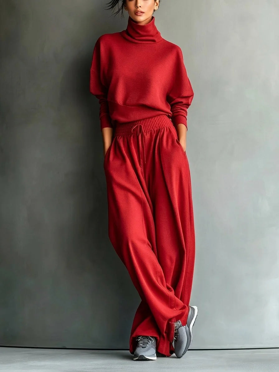 Turtleneck Top & Wide-Leg Pant Set in Red