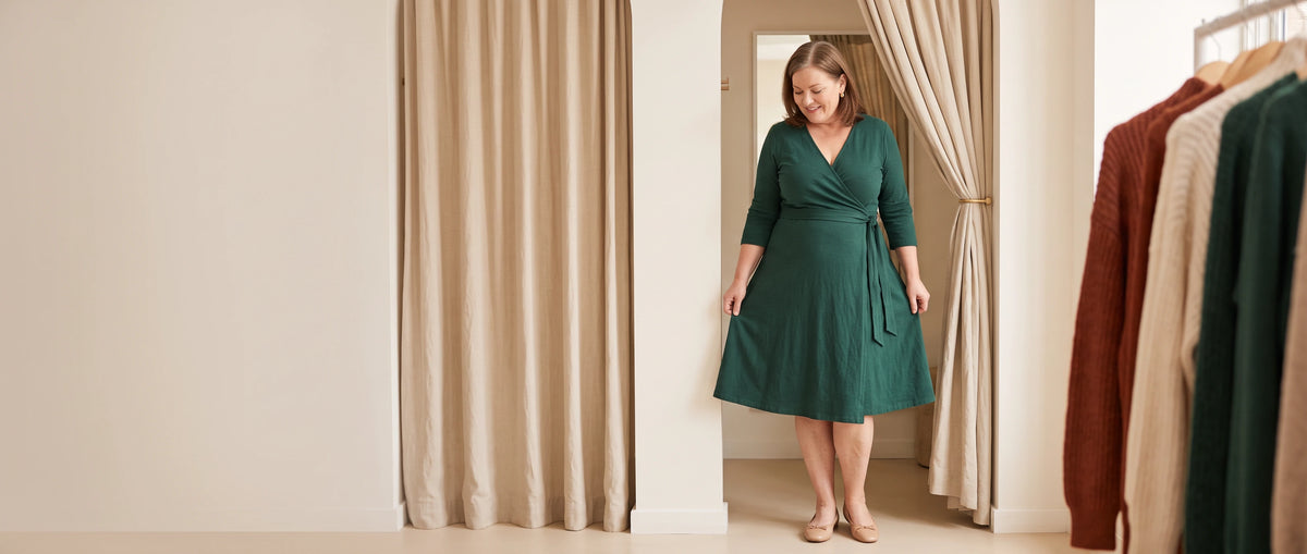 Woman with curves stepping out of a fitting room in a green wrap dress