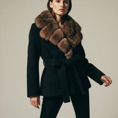 Black Women's Black Plush Faux Fur Belted Statement Coat